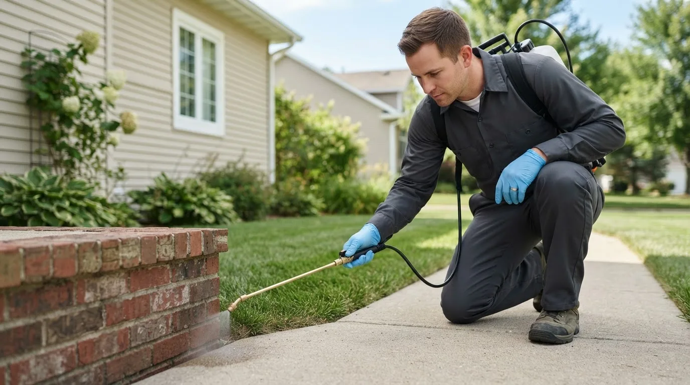 Pest control technician treating a home near Glen Ferris, WV