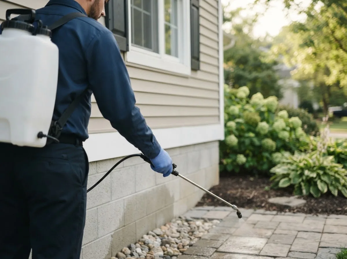 Pest control technician inspecting a home in Glen Ferris, WV